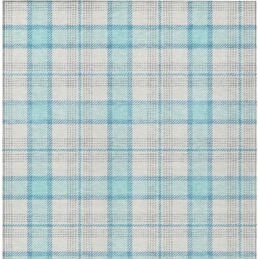 Aqua And Gray Plaid Washable Indoor Outdoor Area Rug Photo 4