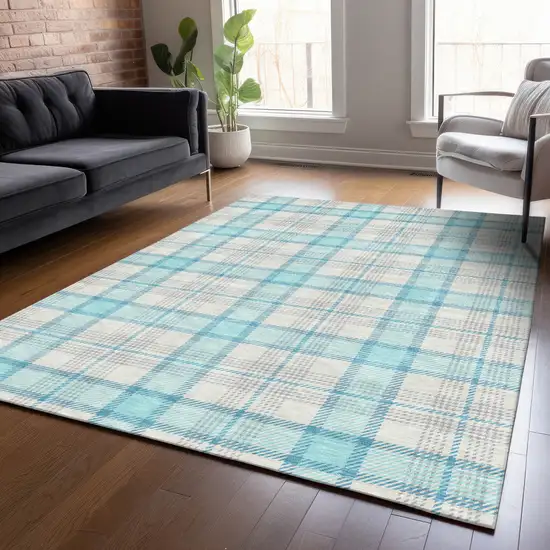 Aqua And Gray Plaid Washable Indoor Outdoor Area Rug Photo 7