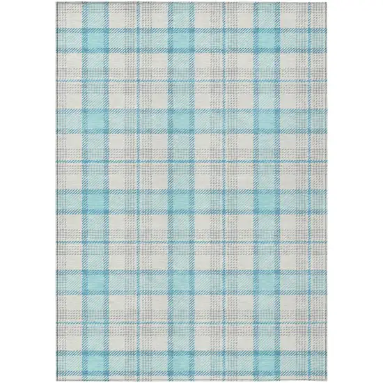 Aqua And Gray Plaid Washable Indoor Outdoor Area Rug Photo 2