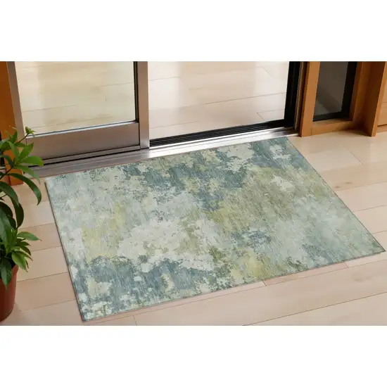 Aqua And Green Abstract Washable Indoor Outdoor Area Rug Photo 1