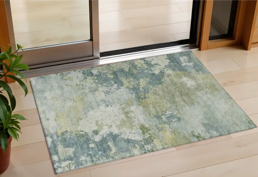 Aqua And Green Abstract Washable Indoor Outdoor Area Rug Photo 1