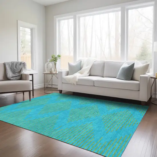 Aqua And Green Geometric Washable Indoor Outdoor Area Rug Photo 9