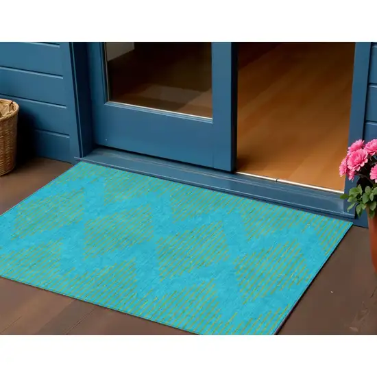 Aqua And Green Geometric Washable Indoor Outdoor Area Rug Photo 1