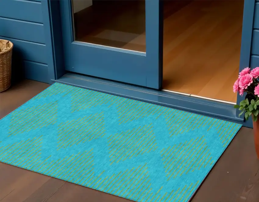 Aqua And Green Geometric Washable Indoor Outdoor Area Rug Photo 1