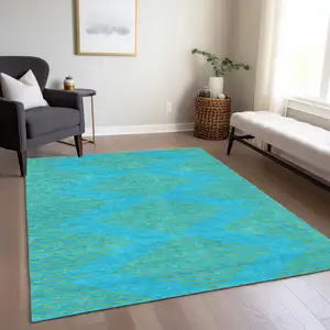Photo of Aqua And Green Geometric Washable Indoor Outdoor Area Rug