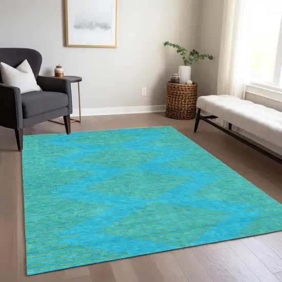 Aqua And Green Geometric Washable Indoor Outdoor Area Rug Photo 9
