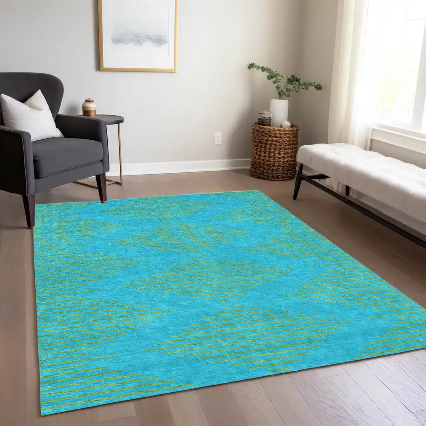 Aqua And Green Geometric Washable Indoor Outdoor Area Rug Photo 9