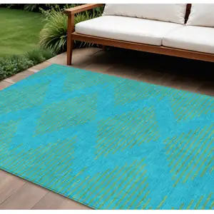 Photo of Aqua And Green Geometric Washable Indoor Outdoor Area Rug