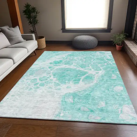 Aqua And Ivory Abstract Washable Area Rug With UV Protection Photo 3