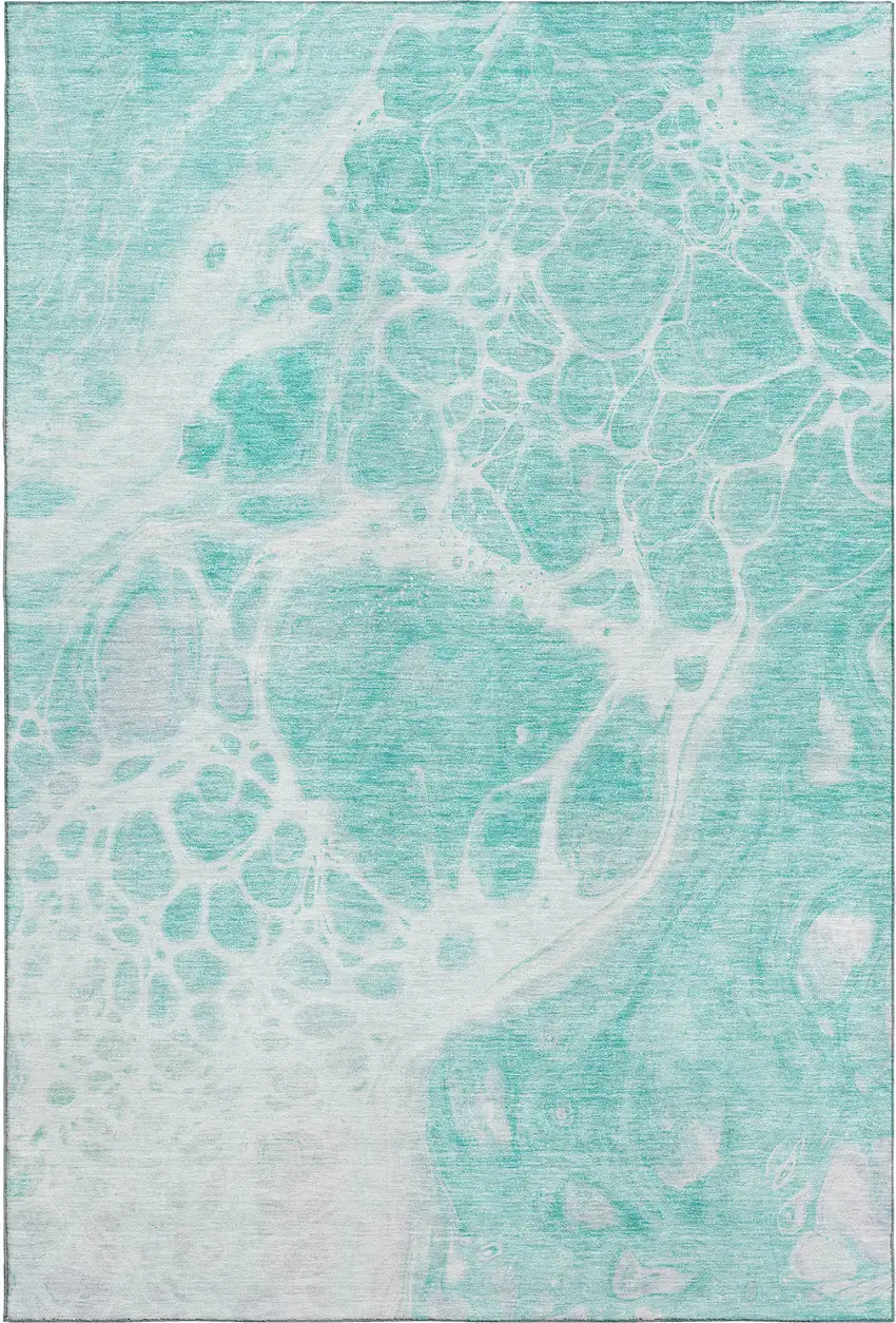 Aqua And Ivory Abstract Washable Area Rug With UV Protection Photo 6
