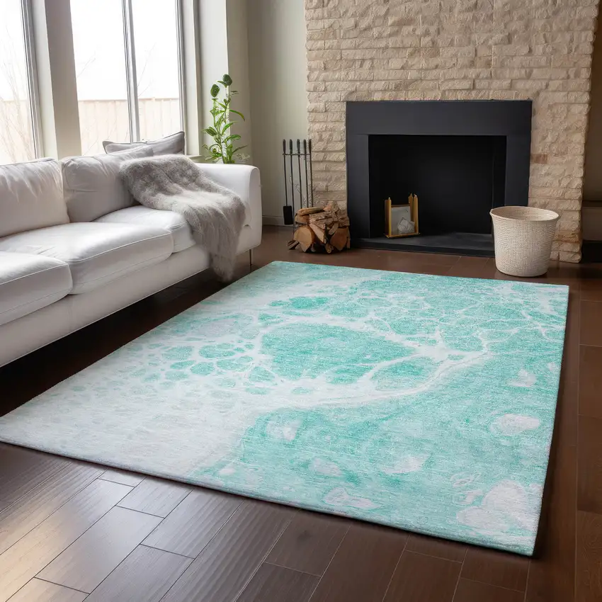 Aqua And Ivory Abstract Washable Area Rug With UV Protection Photo 5