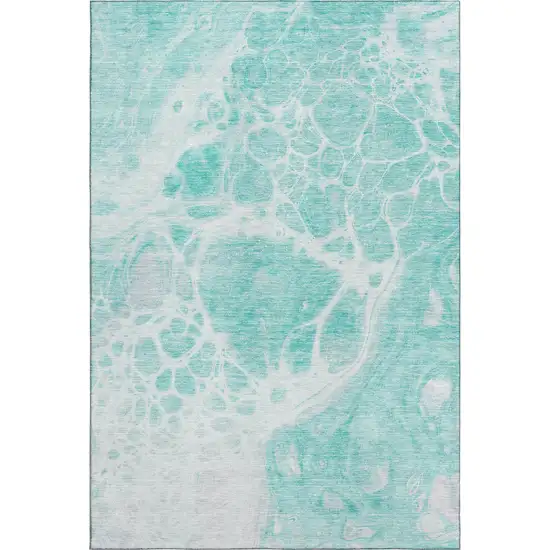Aqua And Ivory Abstract Washable Area Rug With UV Protection Photo 6