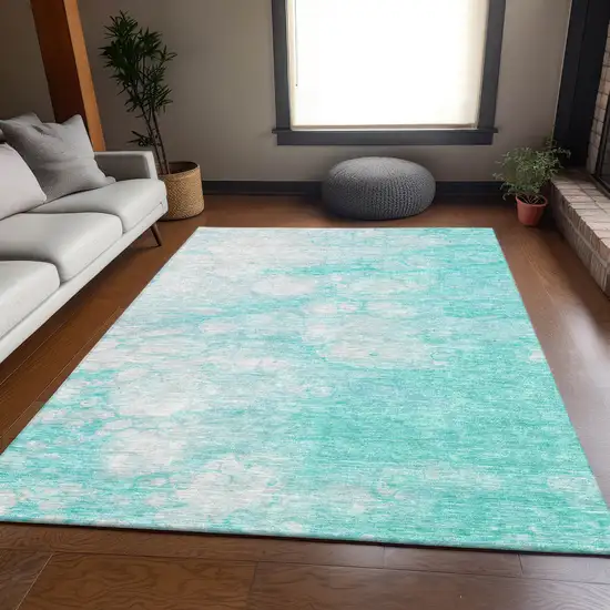 Aqua And Ivory Abstract Washable Area Rug With UV Protection Photo 4