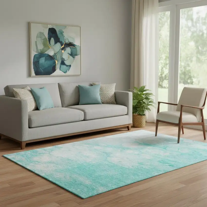 Aqua And Ivory Abstract Washable Area Rug With UV Protection Photo 1