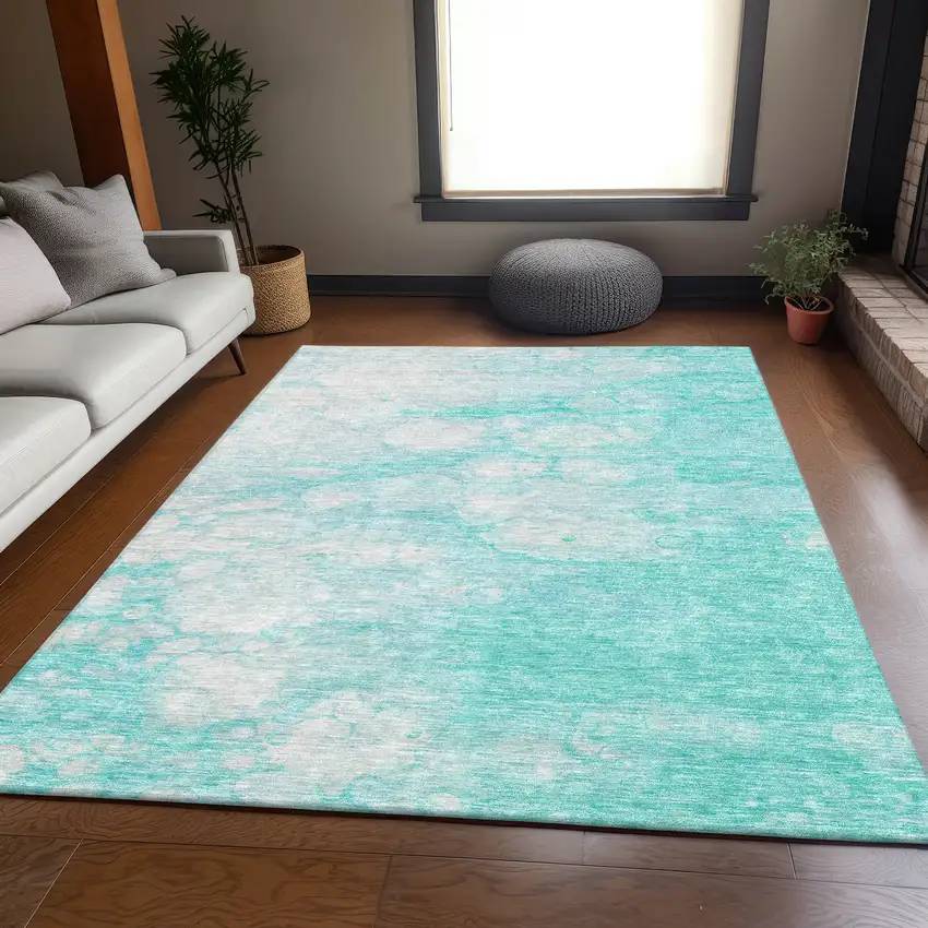 Aqua And Ivory Abstract Washable Area Rug With UV Protection Photo 6