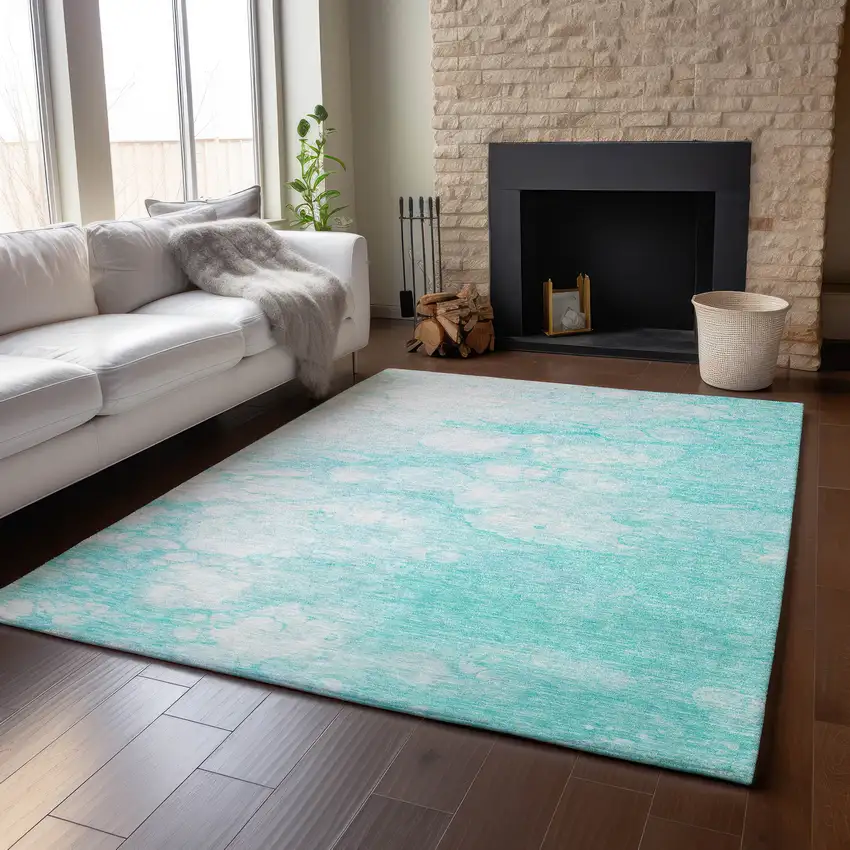 Aqua And Ivory Abstract Washable Area Rug With UV Protection Photo 7