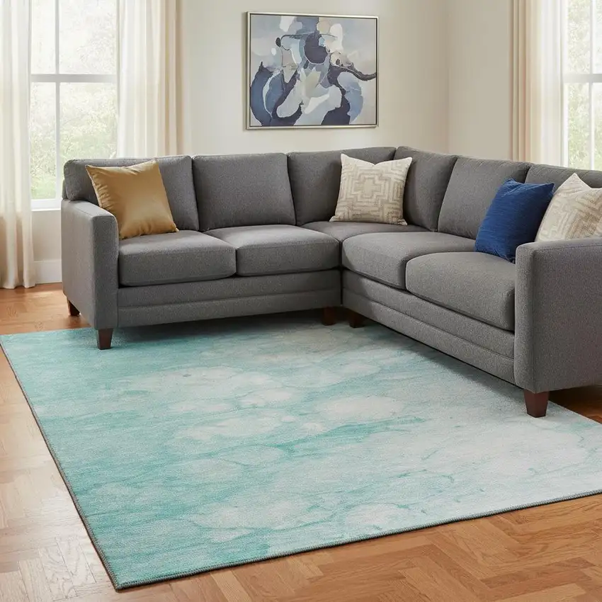 Aqua And Ivory Abstract Washable Area Rug With UV Protection Photo 1