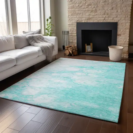 Aqua And Ivory Abstract Washable Area Rug With UV Protection Photo 5