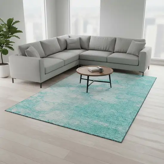 Aqua And Ivory Abstract Washable Area Rug With UV Protection Photo 1