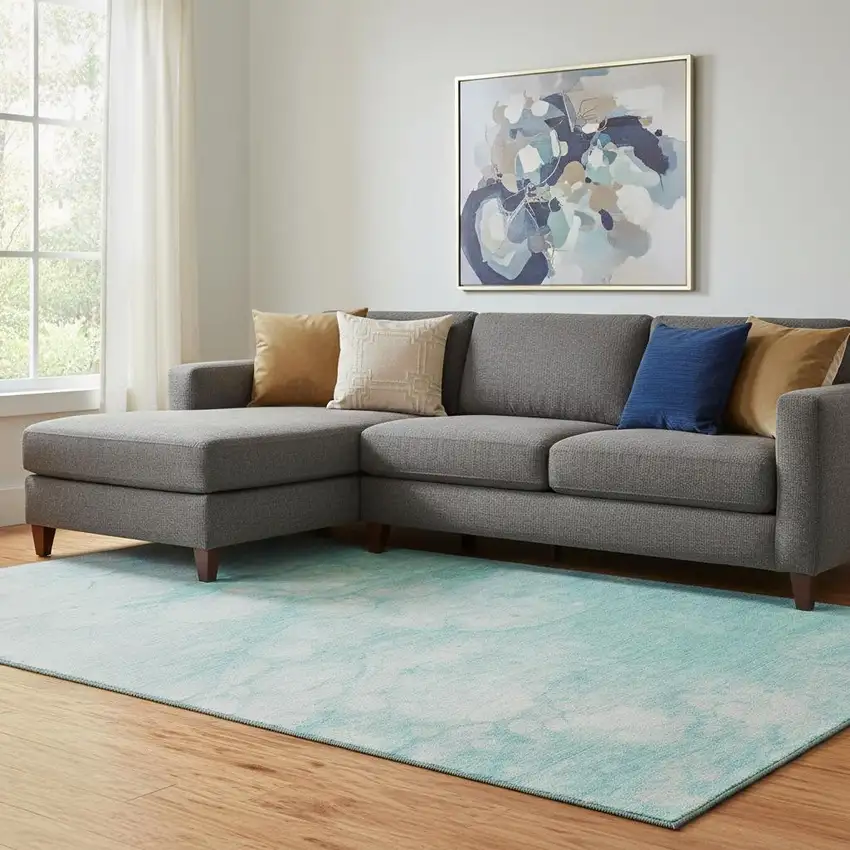 Aqua And Ivory Abstract Washable Area Rug With UV Protection Photo 1