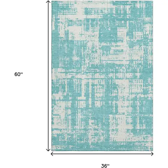 Aqua And Ivory Abstract Washable Area Rug With UV Protection Photo 3