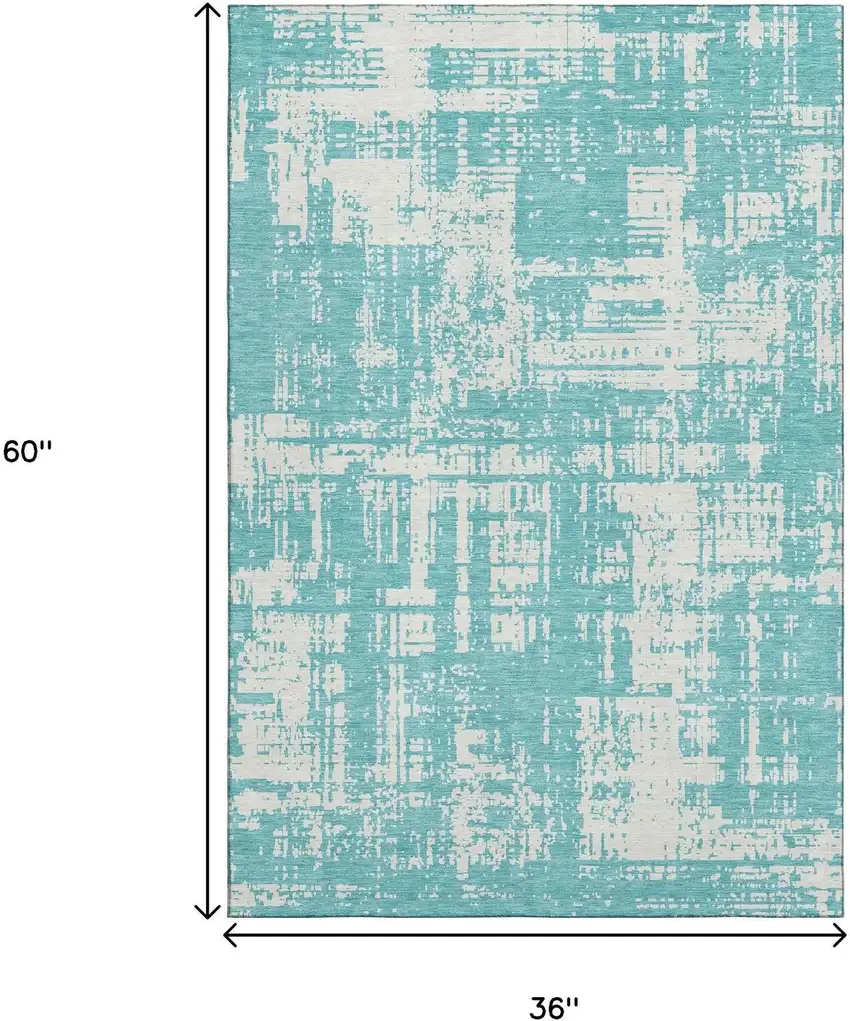 Aqua And Ivory Abstract Washable Area Rug With UV Protection Photo 3