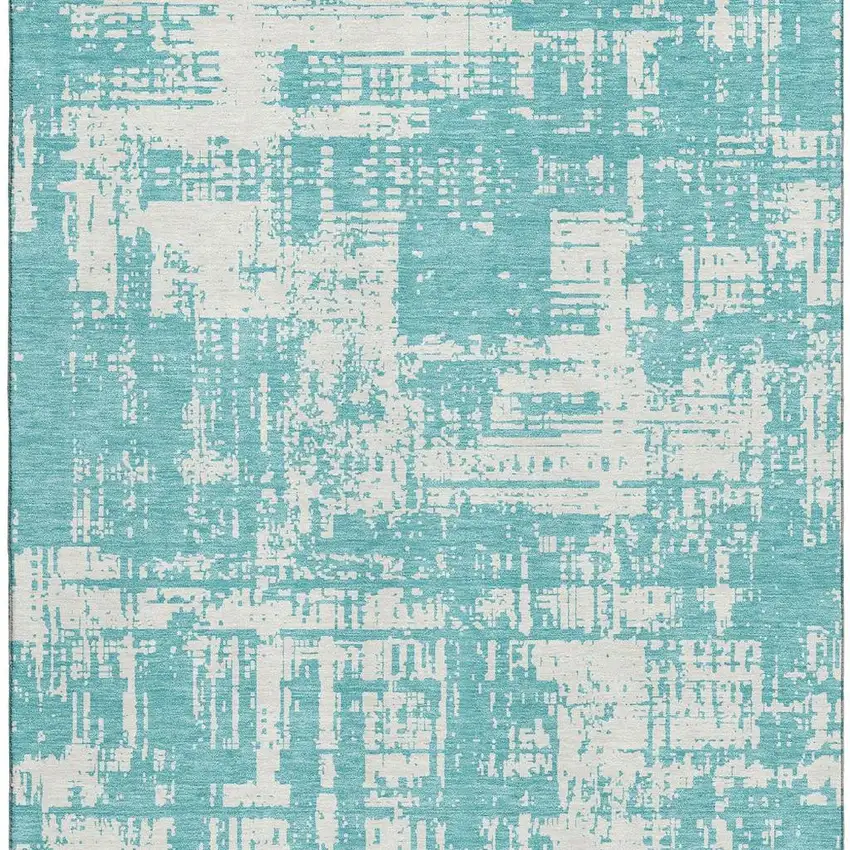Aqua And Ivory Abstract Washable Area Rug With UV Protection Photo 3
