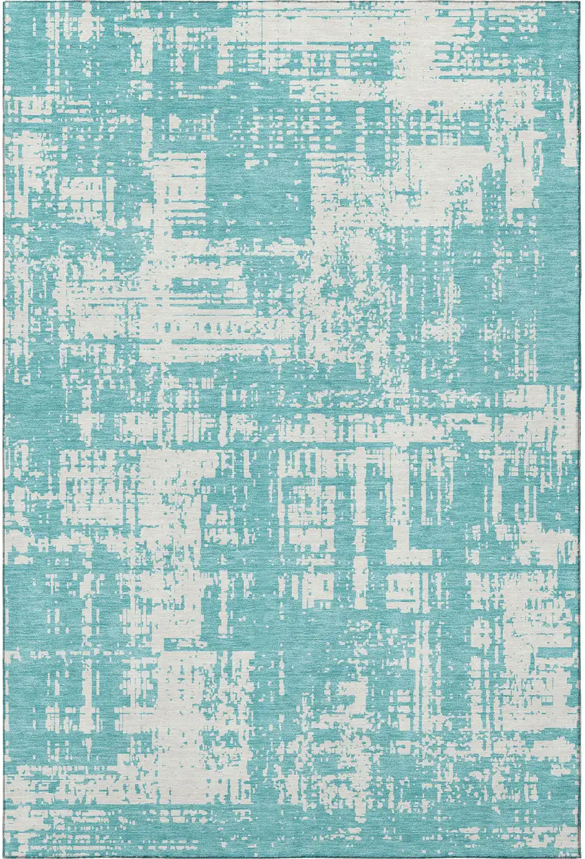 Aqua And Ivory Abstract Washable Area Rug With UV Protection Photo 4