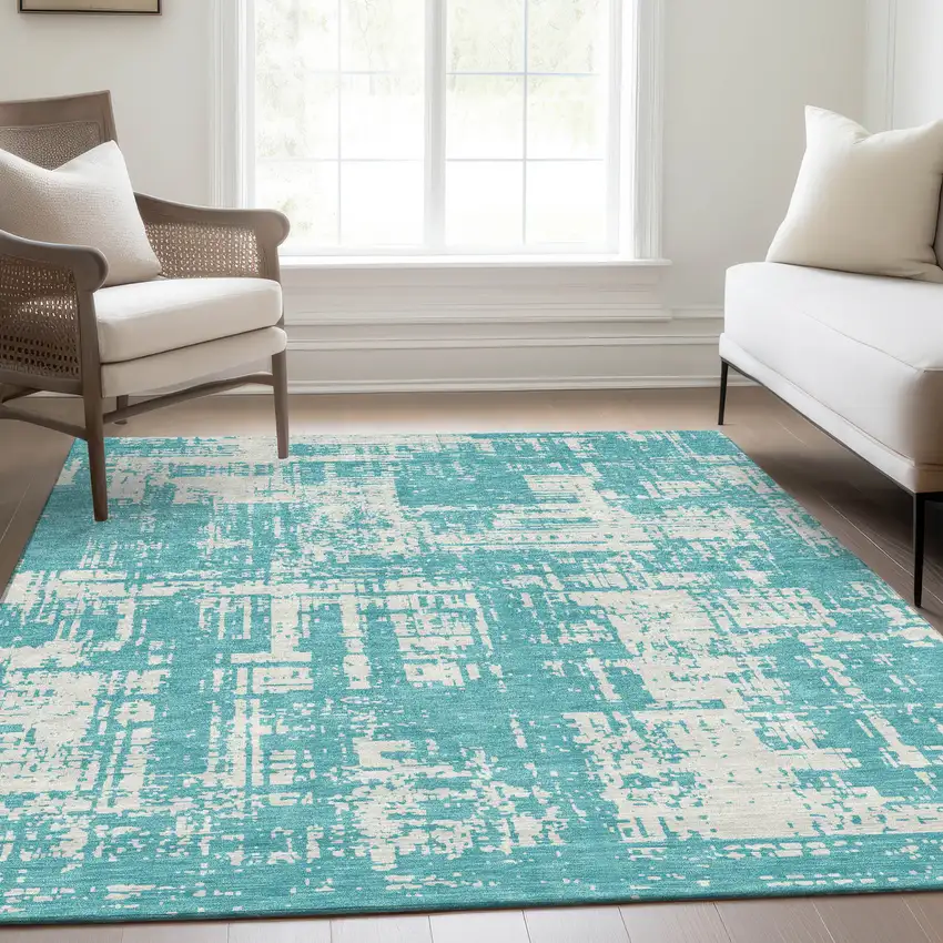 Aqua And Ivory Abstract Washable Area Rug With UV Protection Photo 6