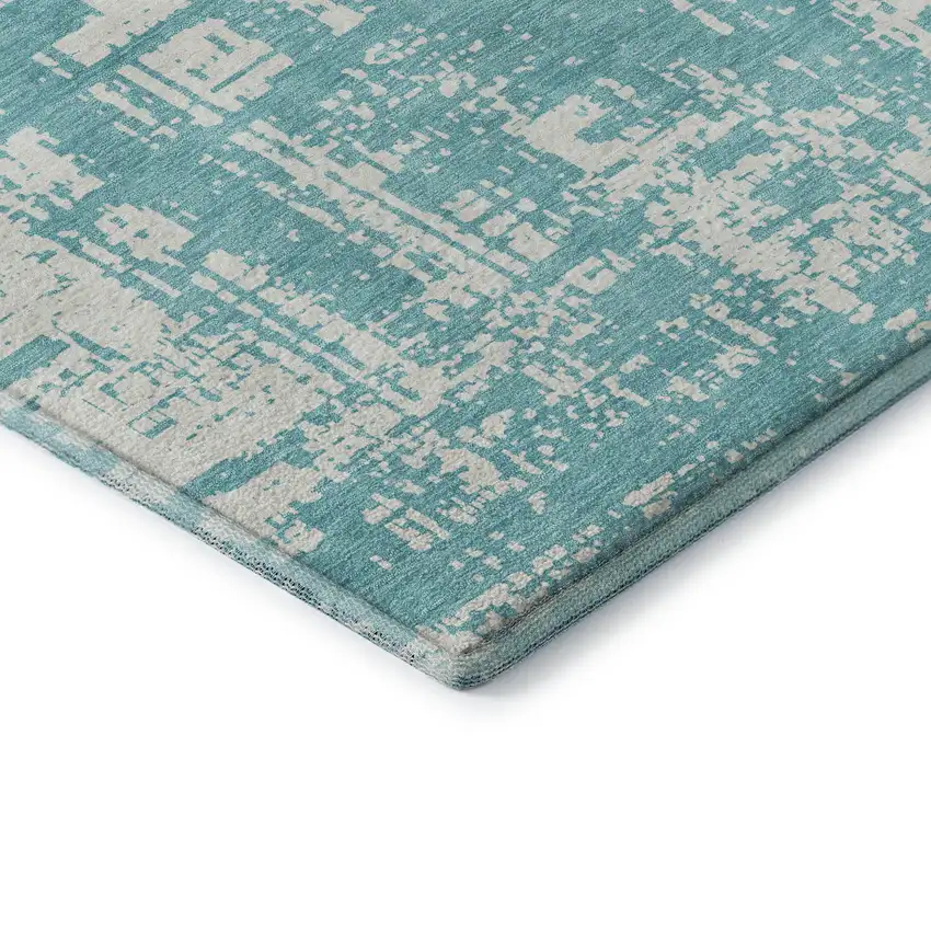 Aqua And Ivory Abstract Washable Area Rug With UV Protection Photo 8
