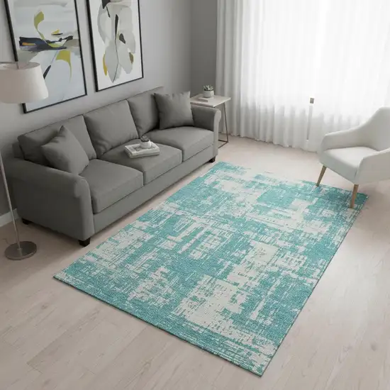 Aqua And Ivory Abstract Washable Area Rug With UV Protection Photo 2