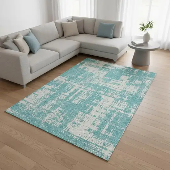 Aqua And Ivory Abstract Washable Area Rug With UV Protection Photo 2