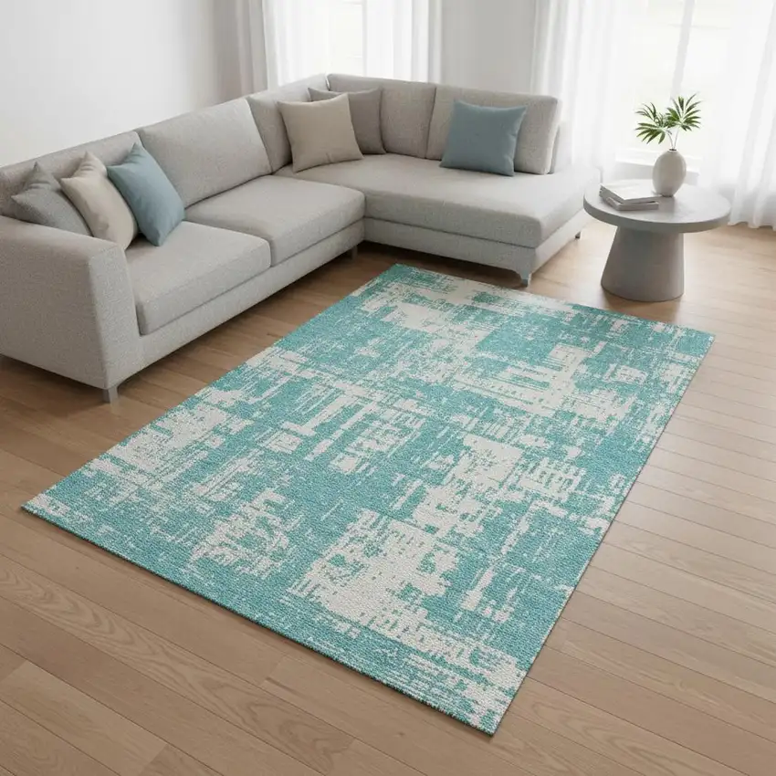 Aqua And Ivory Abstract Washable Area Rug With UV Protection Photo 2