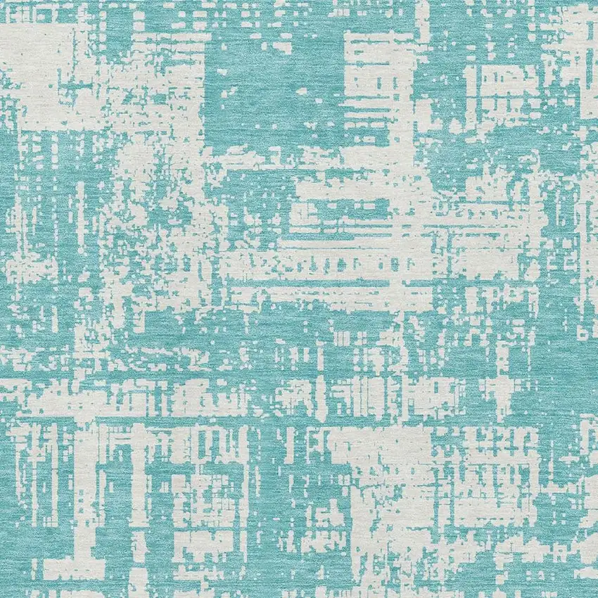 Aqua And Ivory Abstract Washable Area Rug With UV Protection Photo 3