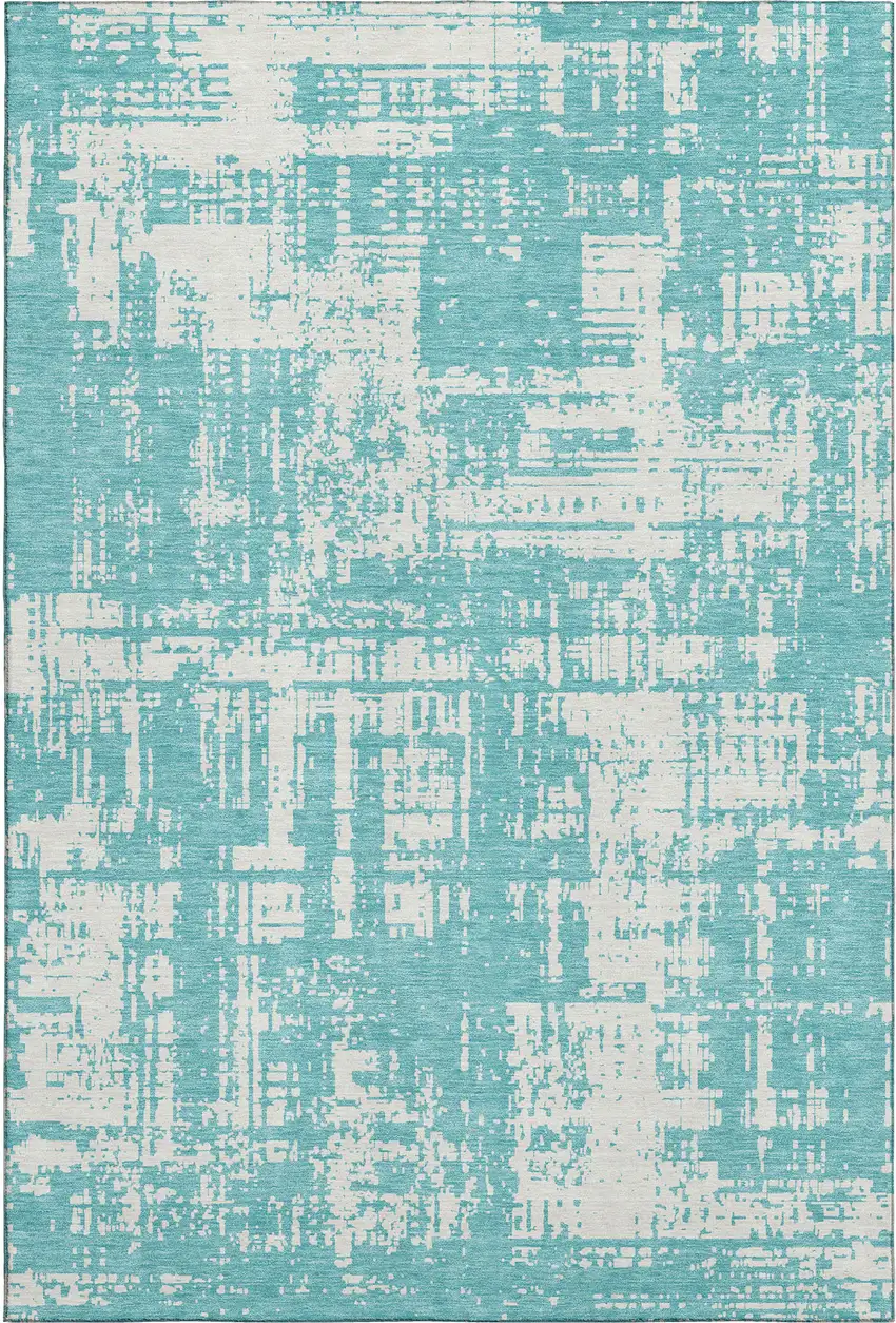 Aqua And Ivory Abstract Washable Area Rug With UV Protection Photo 1