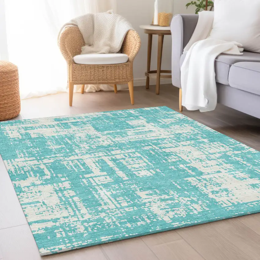 Aqua And Ivory Abstract Washable Area Rug With UV Protection Photo 5