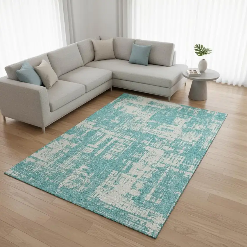 Aqua And Ivory Abstract Washable Area Rug With UV Protection Photo 2