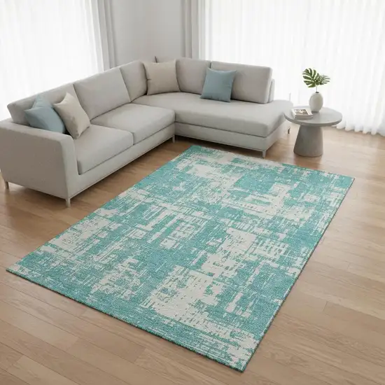 Aqua And Ivory Abstract Washable Area Rug With UV Protection Photo 2