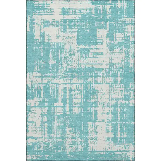 Aqua And Ivory Abstract Washable Area Rug With UV Protection Photo 1