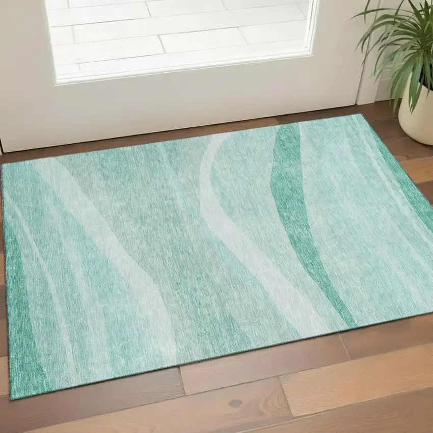 Aqua And Ivory Abstract Washable Area Rug With UV Protection Photo 1