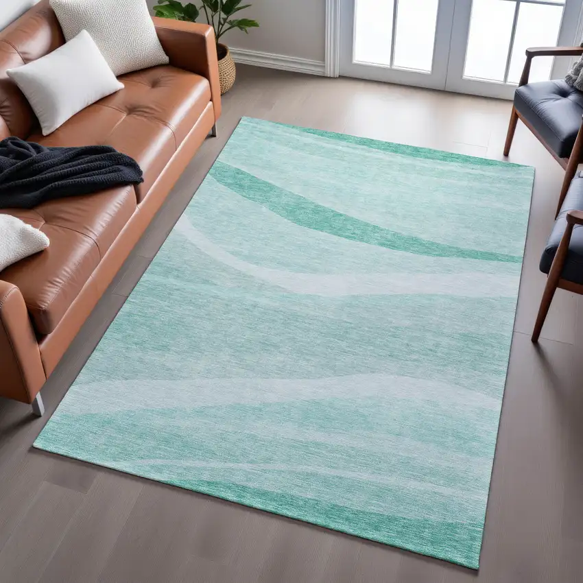 Aqua And Ivory Abstract Washable Area Rug With UV Protection Photo 5