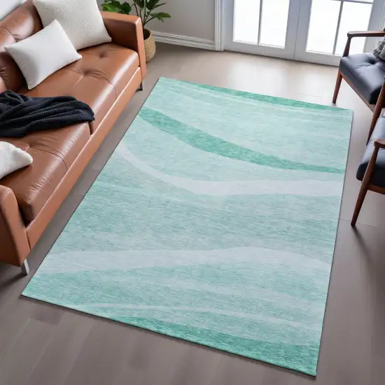 Aqua And Ivory Abstract Washable Area Rug With UV Protection Photo 4