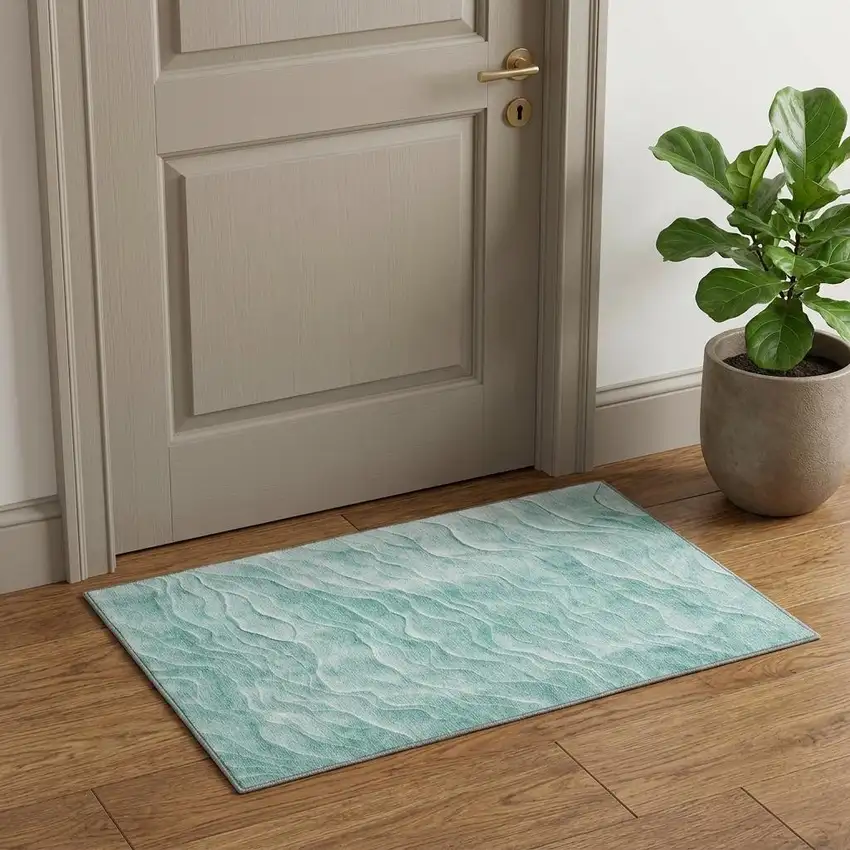 Aqua And Ivory Abstract Washable Area Rug With UV Protection Photo 1