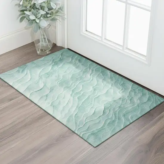 Aqua And Ivory Abstract Washable Area Rug With UV Protection Photo 2