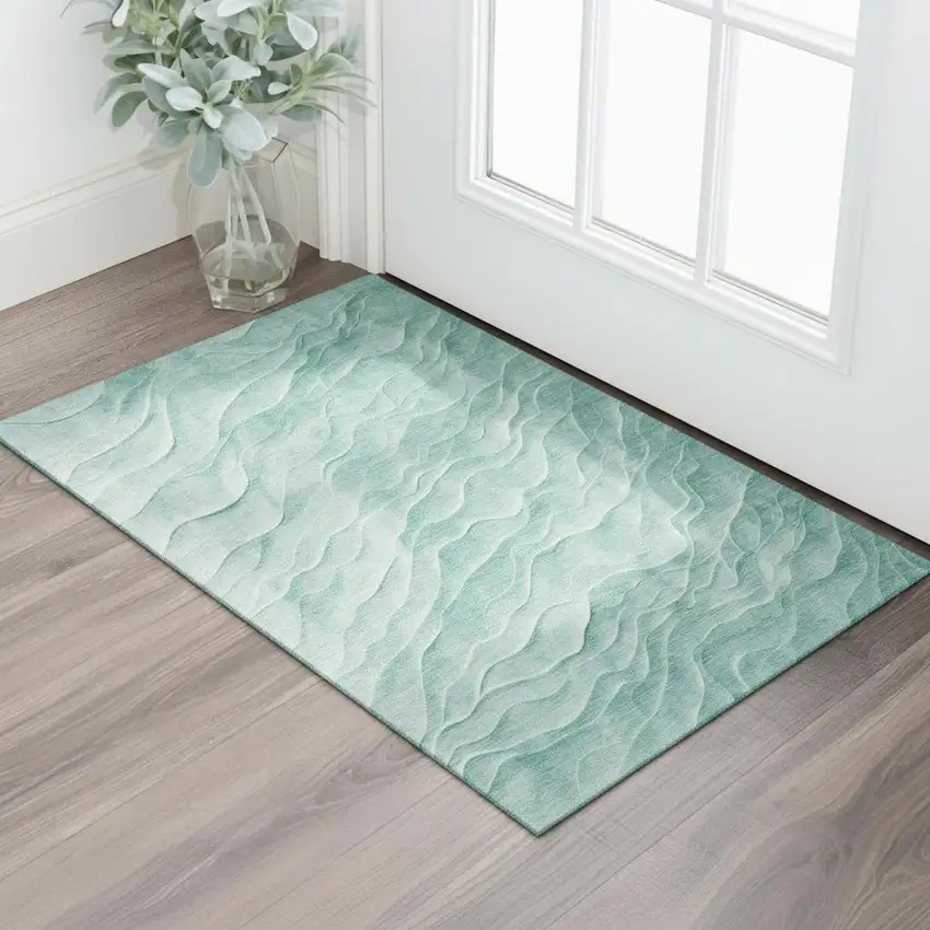 Aqua And Ivory Abstract Washable Area Rug With UV Protection Photo 2