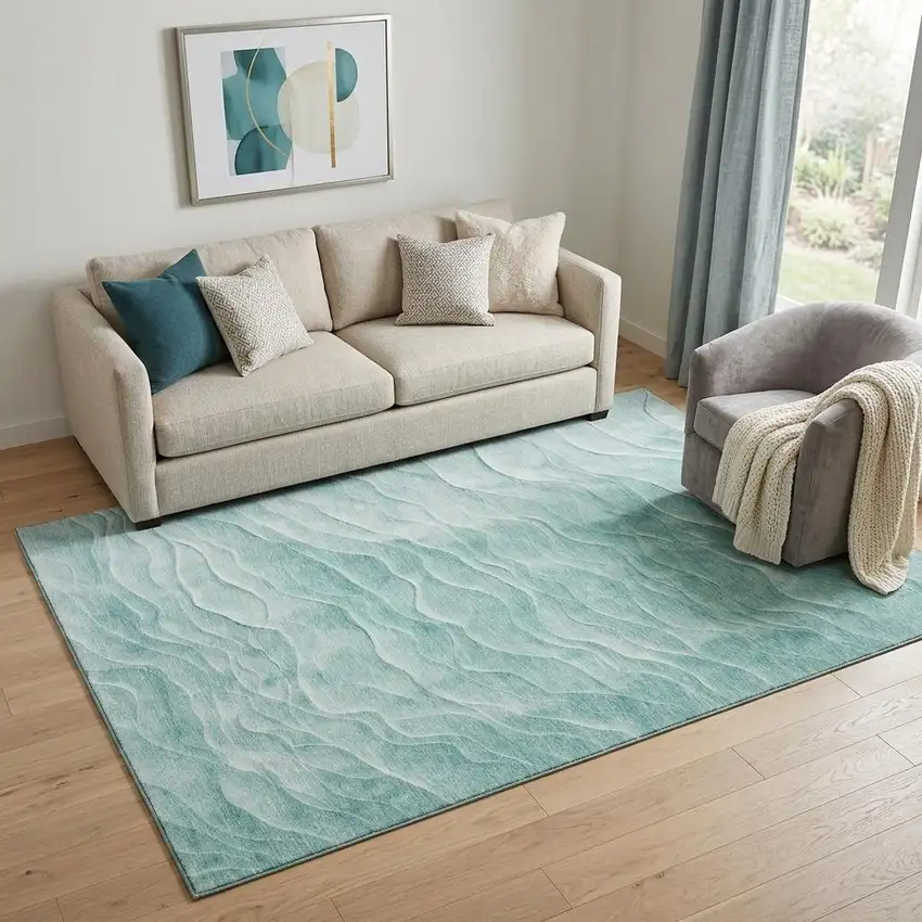 Aqua And Ivory Abstract Washable Area Rug With UV Protection Photo 1