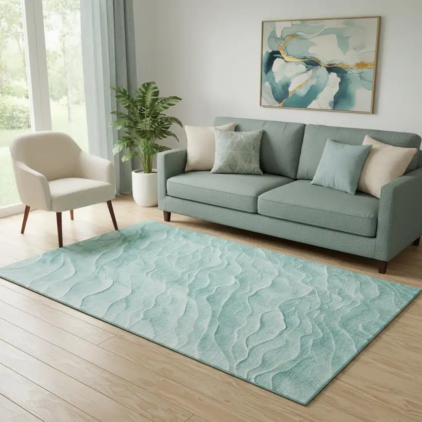 Aqua And Ivory Abstract Washable Area Rug With UV Protection Photo 2