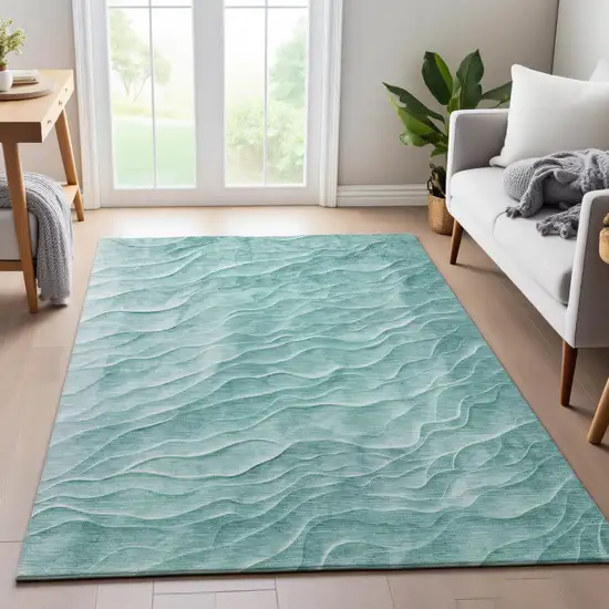 Aqua And Ivory Abstract Washable Area Rug With UV Protection Photo 5