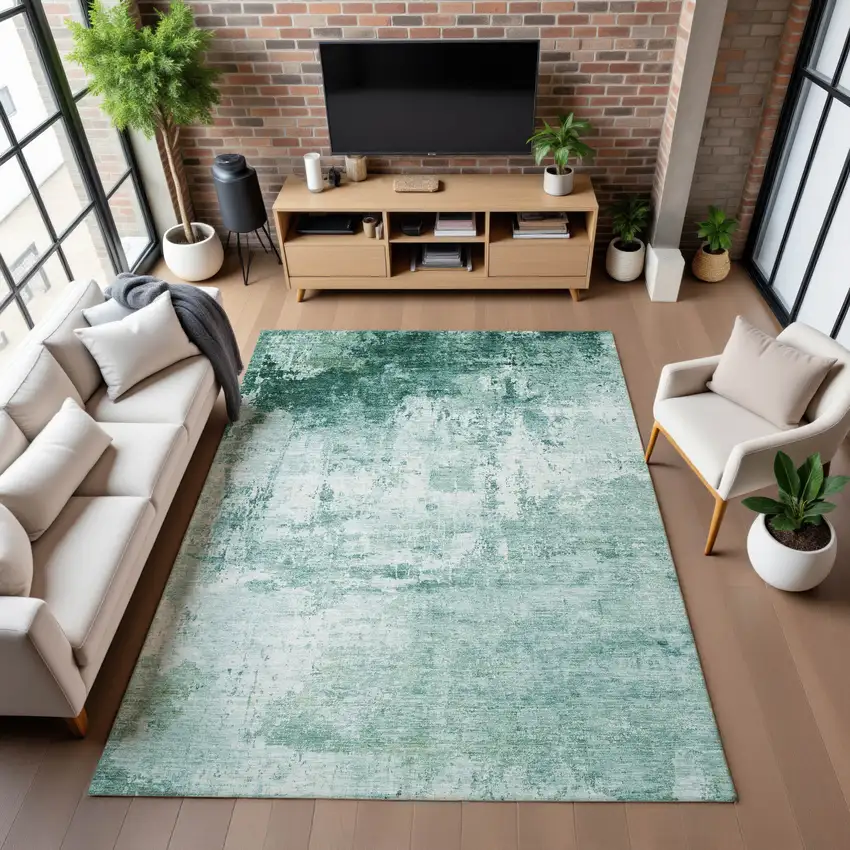 Aqua And Ivory Abstract Washable Area Rug With UV Protection Photo 1