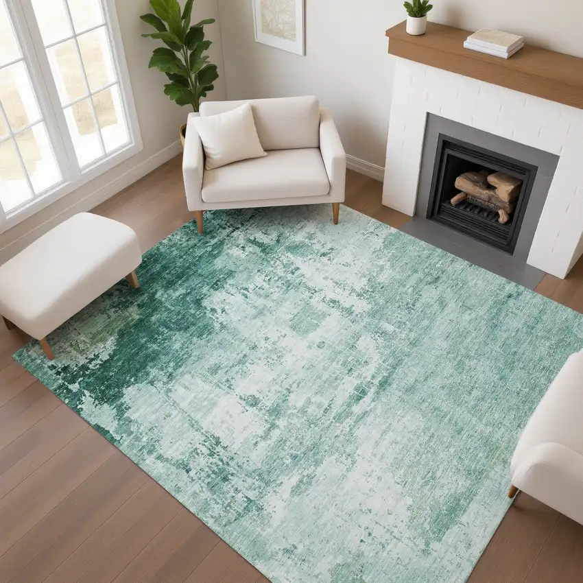 Aqua And Ivory Abstract Washable Area Rug With UV Protection Photo 2